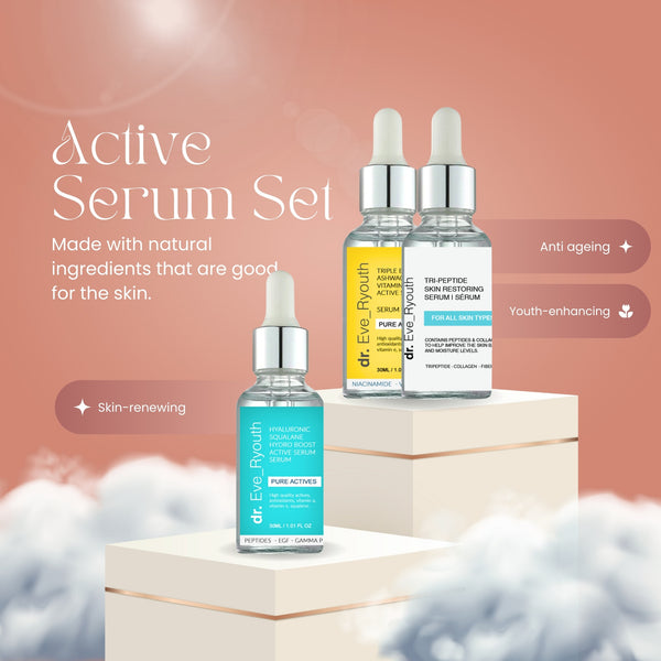 Hyaluronic acid Squalane Hydro Boost active serum 30ml + Triple Elasticity Ashwaganda Vitamin C Powerful Active Serum 30ml + Triple Power Peptide Gamma Protein active serum 30ml